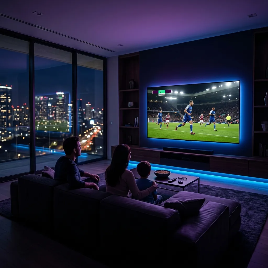 Family watching FreeGoTV premium IPTV on a large 4K TV